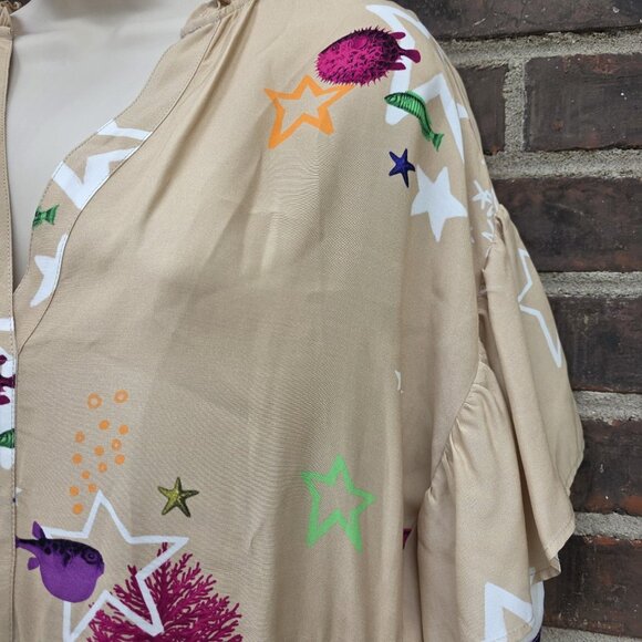 Vilagallo Size 42 Seashell Fish Ocean Dress Beige V-Neck Moby Print M 10 - Picture 3 of 5